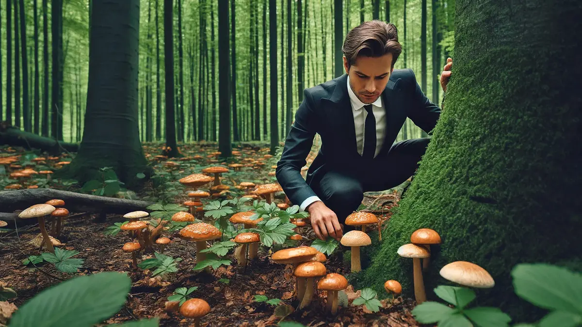 Cueilleur de champignons en costume symbolisant le couteau à champignons avec gravure comme cadeau